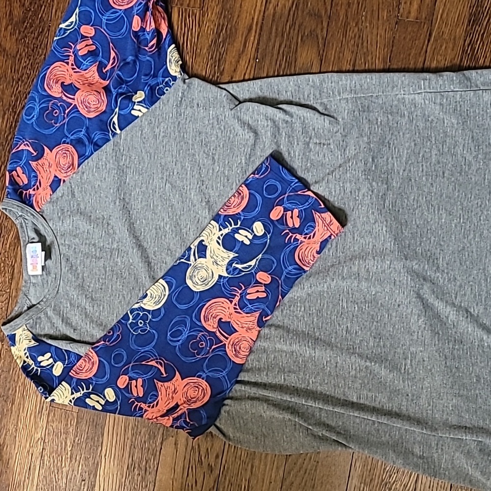 Lularoe baseball tee; patterned mickey print sleeves